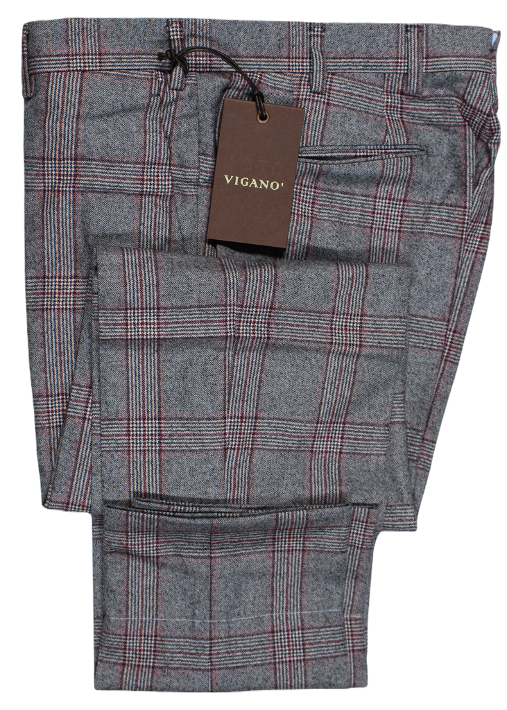 Vigano – Gray Wool Flannel Pants w/Red Plaid