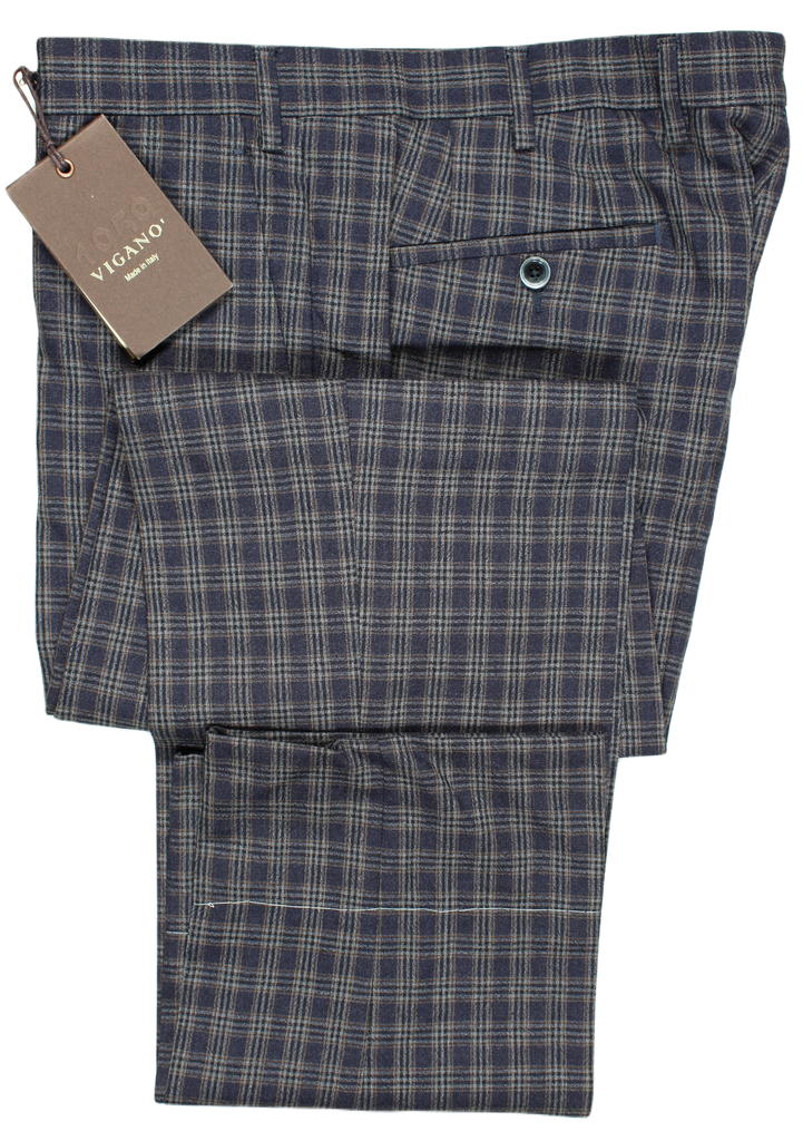 Vigano – Navy Wool Pants w/Gray Plaid Pattern