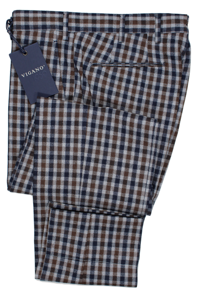Vigano – Navy & Brown Plaid Wool/Cotton Flannel Pants