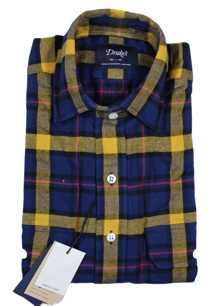Drake's – Navy Cotton Flannel Shirt w/Yellow & Red Plaid