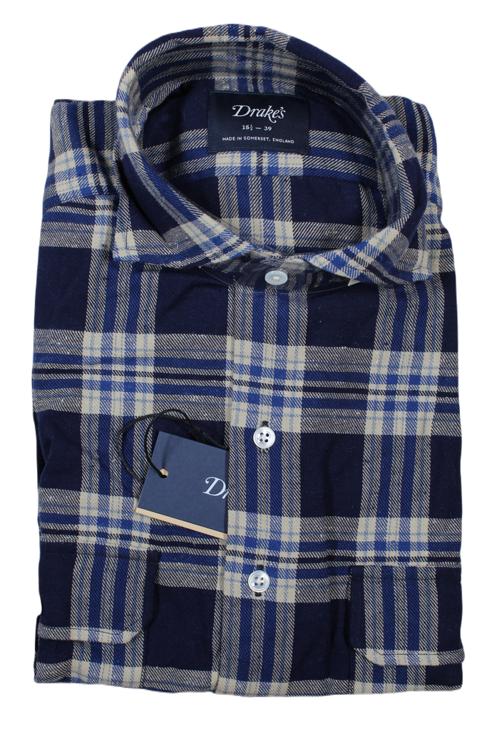 Drake's – Navy & Beige Plaid Light Flannel Utility Shirt