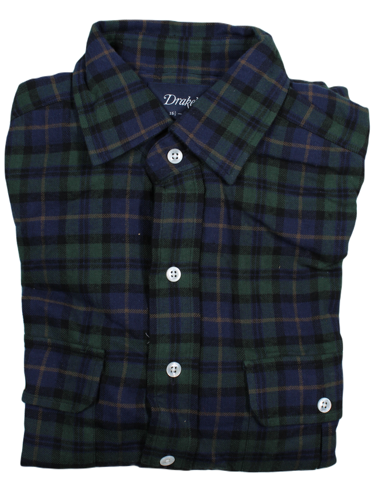 Drake's – Navy & Greed Plaid Light Flannel Utility Shirt