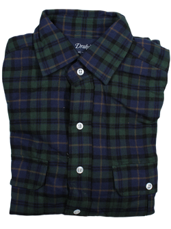 Drake's – Navy & Greed Plaid Light Flannel Utility Shirt