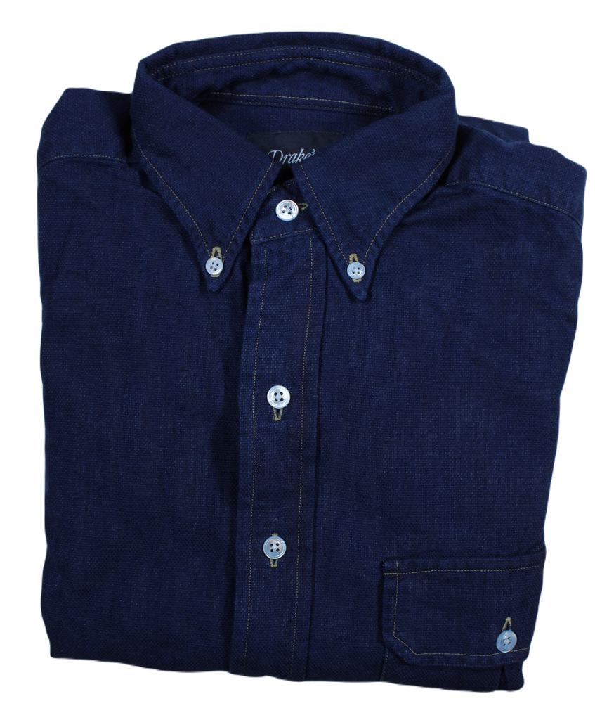 Drake's – Dark Blue Washed Cotton OCBD Shirt