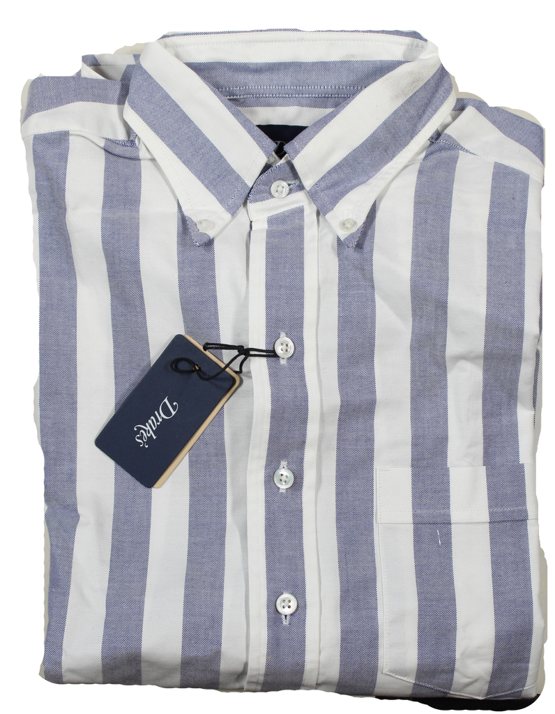 Drake's – Navy & White Wide Stripe OCBD Shirt