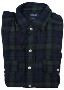 Drake's – Navy & Green Plaid Light Flannel Utility Shirt