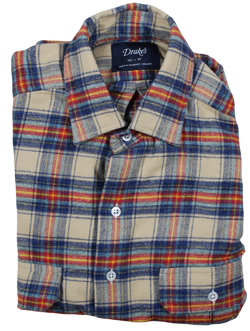 Drake's – Beige & Blue Plaid Flannel Utility Shirt