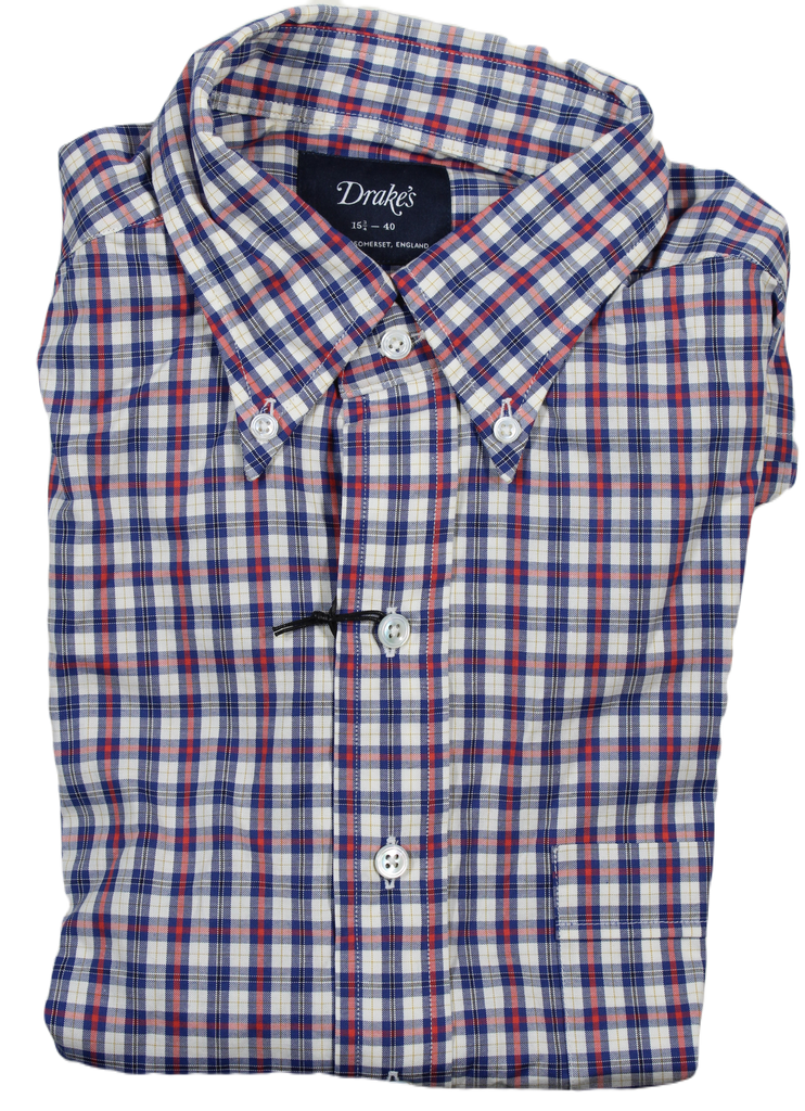 Drake's – Blue, White & Red Plaid Cotton Oxford Button-down Shirt