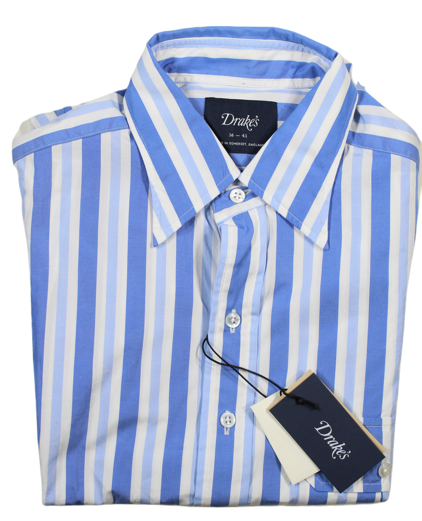 Drake's – Blue Stripe Poplin Shirt w/Button-Through Chest Pocket