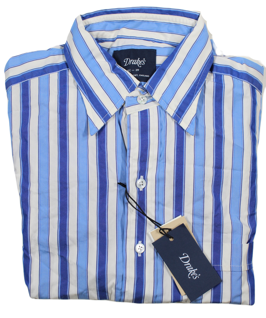 Drake's – Blue & White Stripe Poplin Shirt