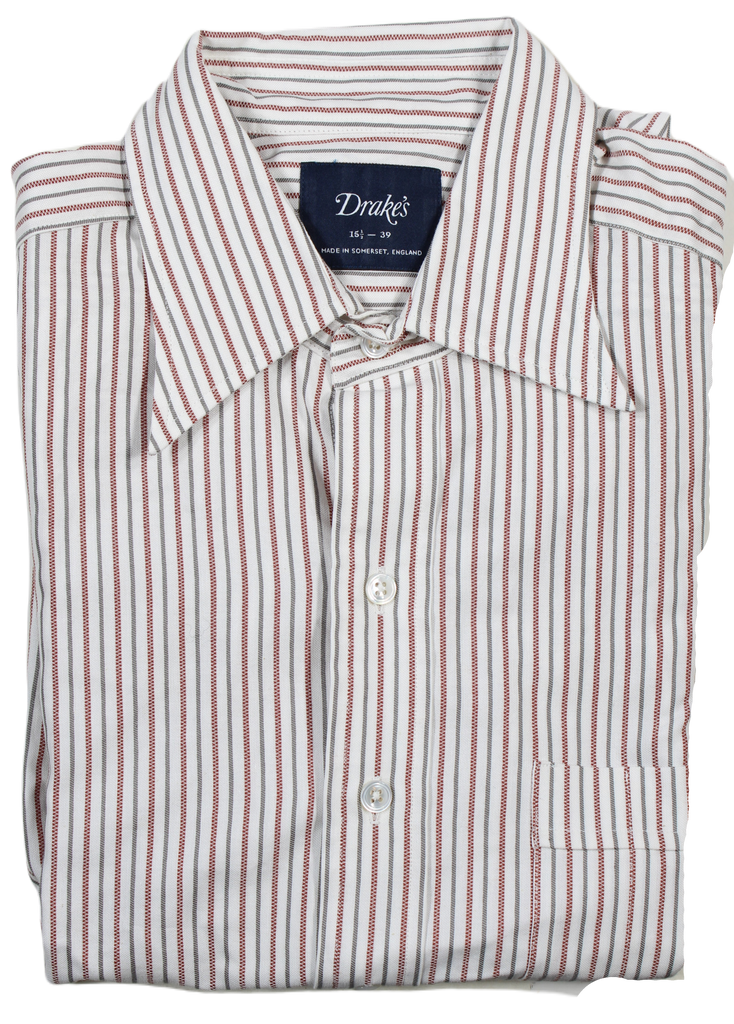 Drake's – Gray & Red Stripe Oxford Shirt w/Point Collar