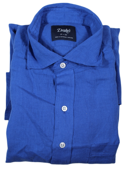 Drake's – Blue Linen Shirt w/Spread Collar
