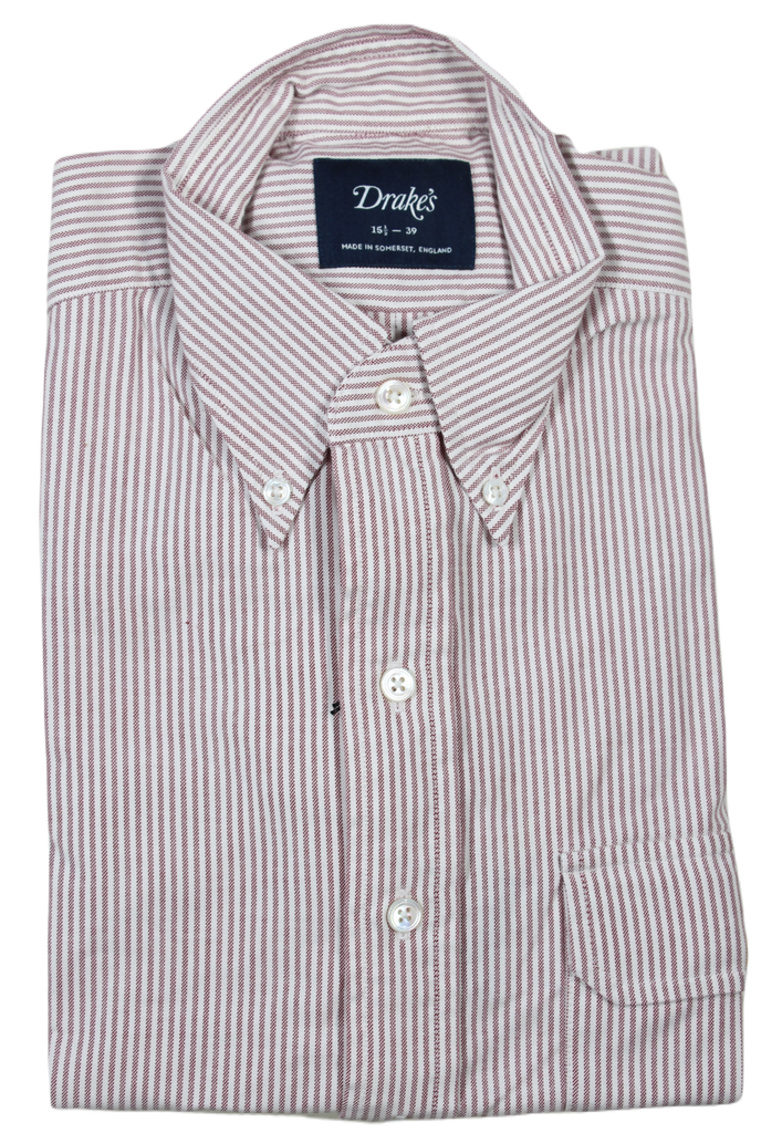 Drake's – Burgundy Stripe OCBD Shirt w/Button-through Chest Pocket