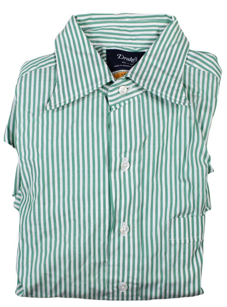 Drake's – Green University Stripe Shirt w/Point Collar