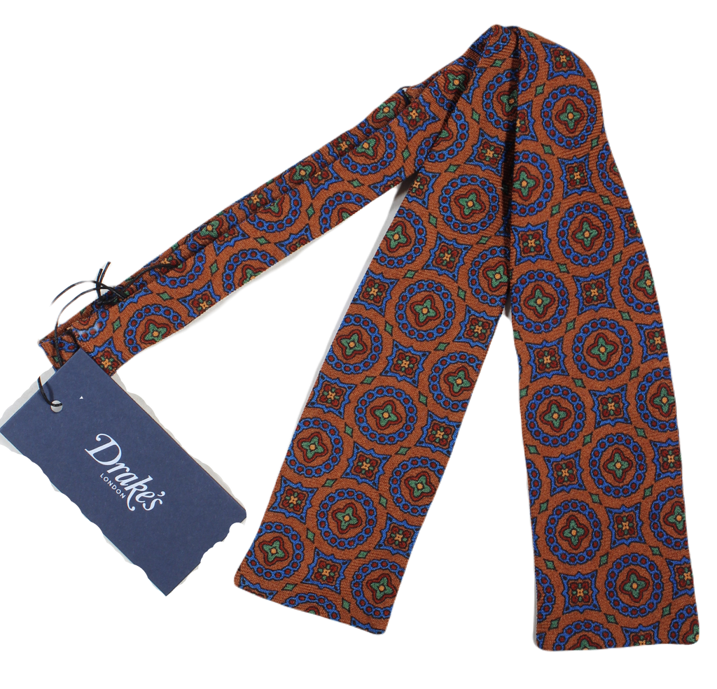 Drake's – Burnt Orange Wool Bow Tie w/Ancient Madder Print