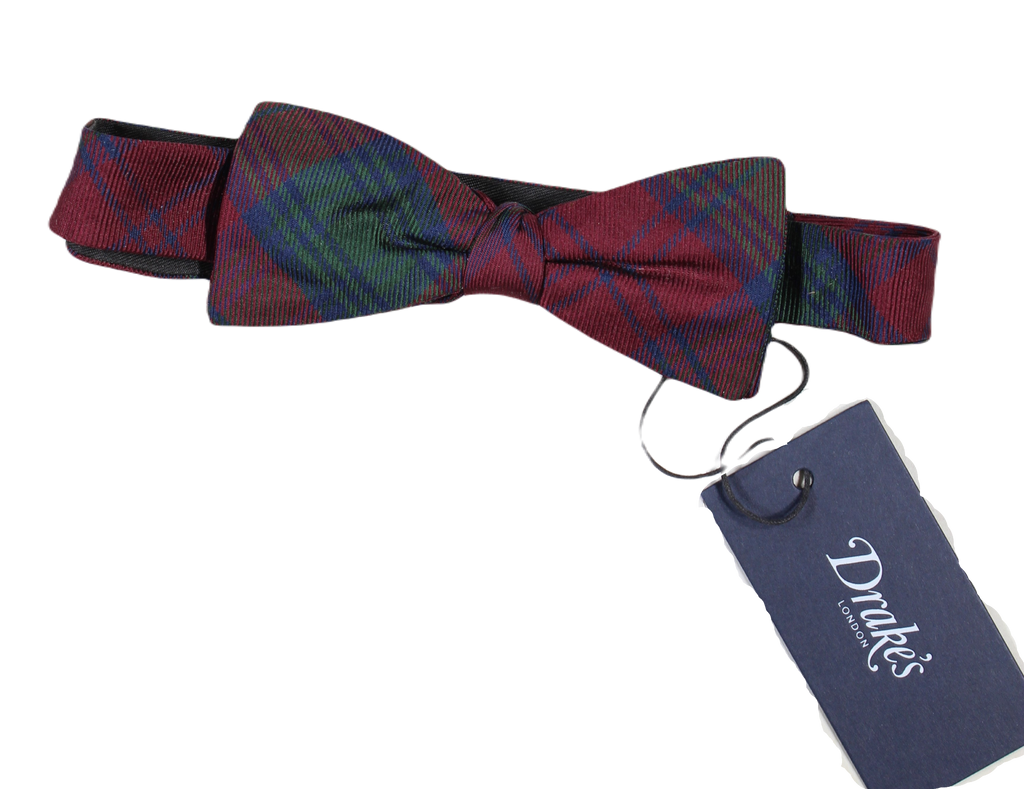 Drake's – Red, Navy & Green Plaid Grosgrain Silk Bow Tie
