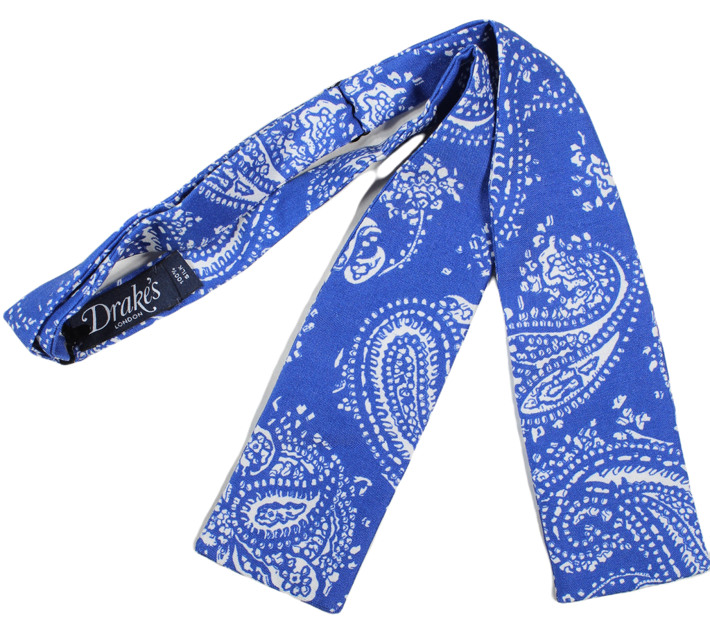 Drake's – Blue Raw Silk Bow Tie w/White Paisley Print
