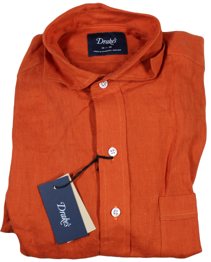 Drake's – Orange Linen Shirt w/Spread Collar