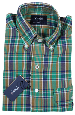 Drake's – Green, Blue & Brown Madras Style Buttondown Shirt