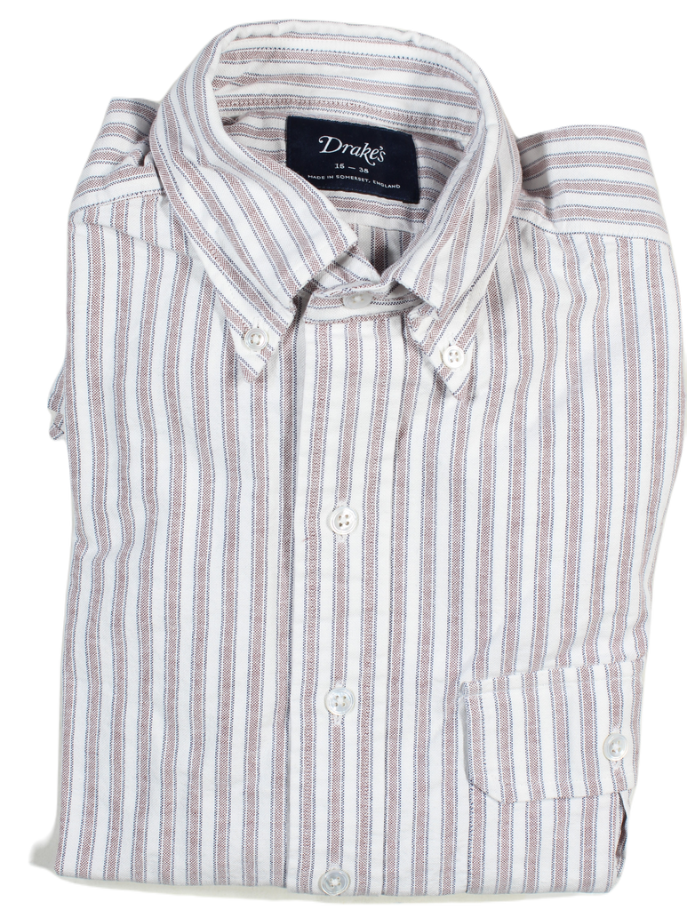 Drake's – White OCBD Shirt w/Brown & Navy Stripe