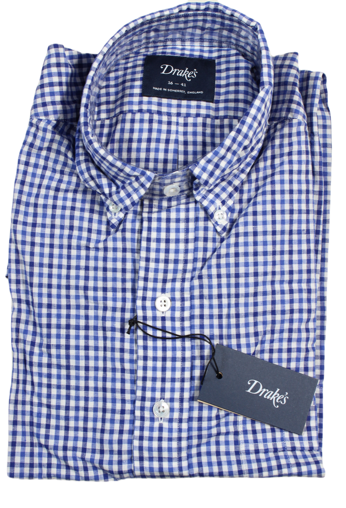 Drake's – Blue Gingham Cotton/Linen Shirt w/BD Collar