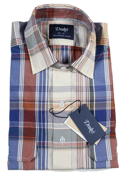 Drake's – Beige, Navy & Orange Plaid Cotton Utility Shirt