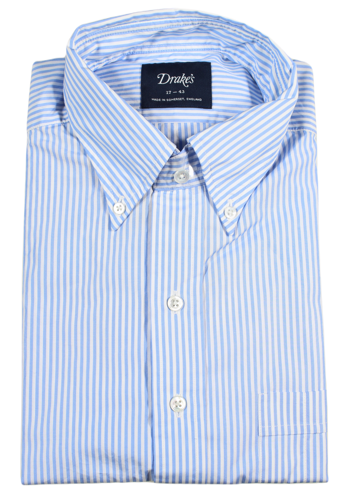 Drake's – Light Blue Banker's Stripe Button-down Collar Shirt