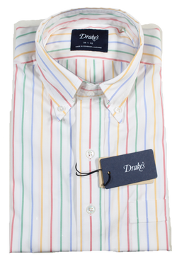 Drake's – White Button-down Collar Shirt w/Multicolor Stripe