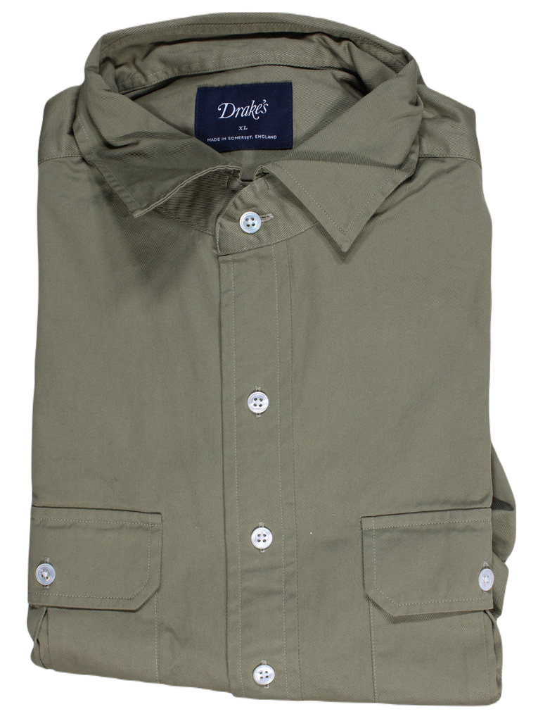 Drake's – Army Green Cotton Twill Utility Shirt