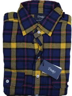 Drake's – Dark Blue Washed Twill Shirt w/Yellow & Red Plaid