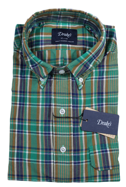 Drake's – Green, Blue & Brown Madras Style Button-Down Shirt