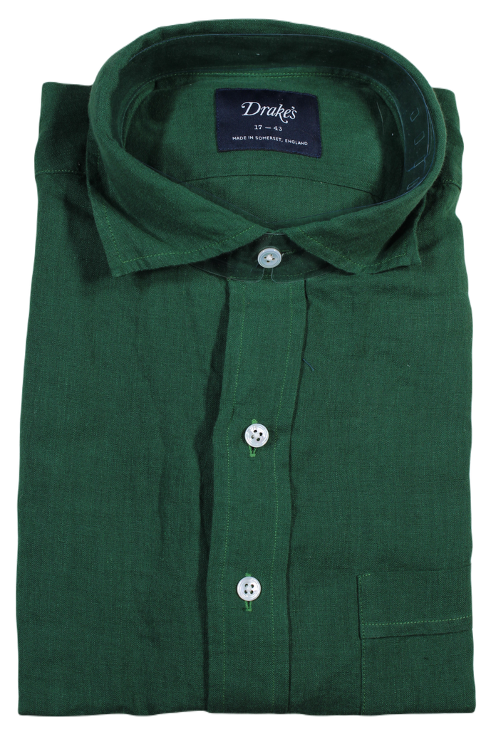 Drake's – Green Linen Shirt w/Spread Collar