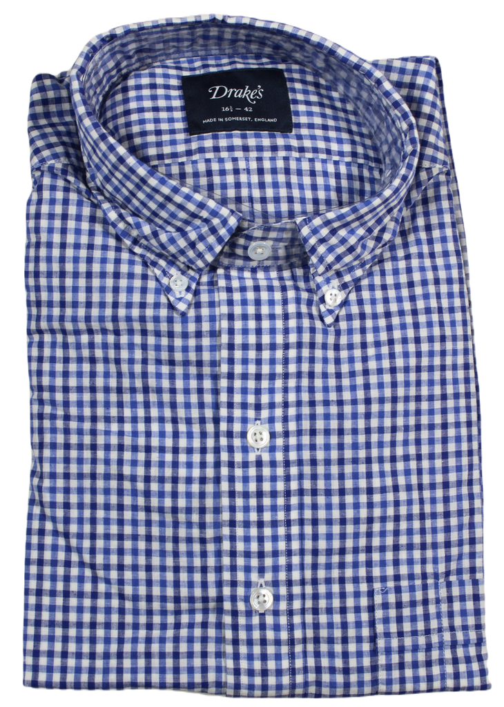 Drake's – Blue Gingham Cotton/Linen Shirt w/BD Collar