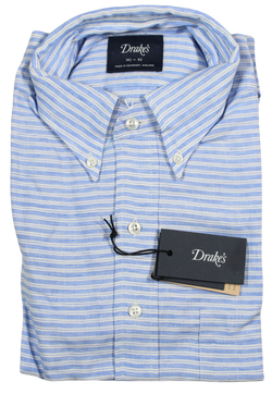 Drake's – Blue & White Horizontal Stripe Linen Shirt