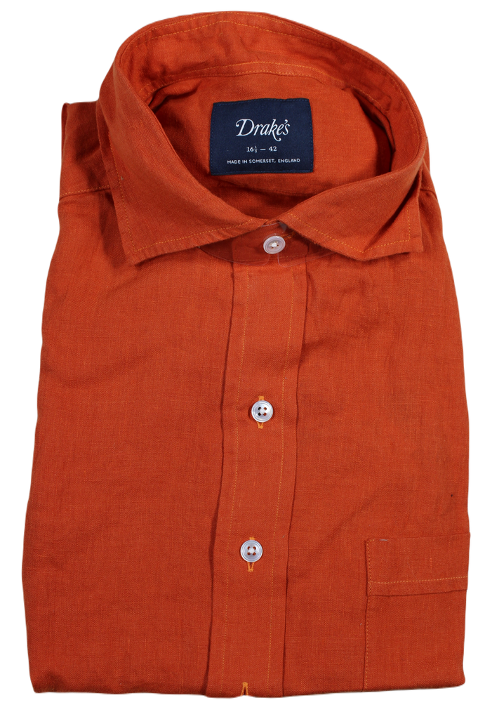 Drake's – Orange Linen Shirt w/Spread Collar
