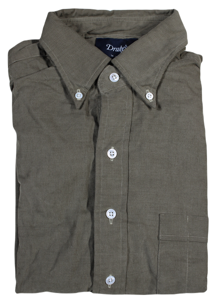 Drake's – Light Olive Thin Corduroy Button-down Shirt