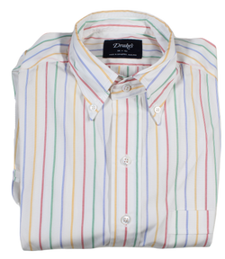 Drake's – White Button-down Collar Shirt w/Multicolor Stripe