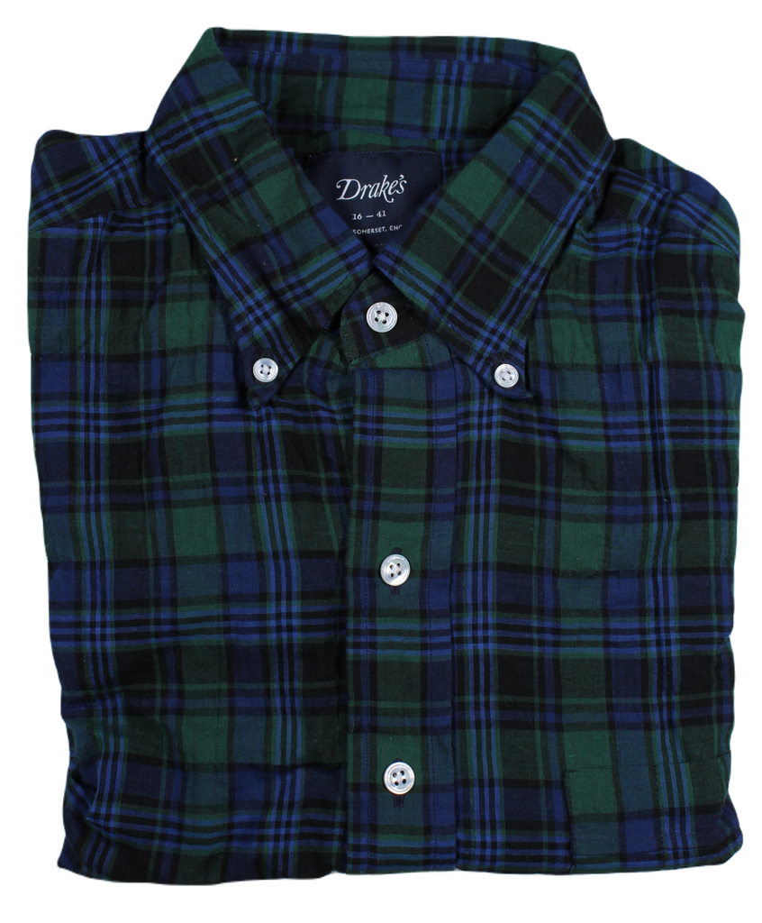 Drake's – Green & Blue Plaid Cotton/Linen Shirt