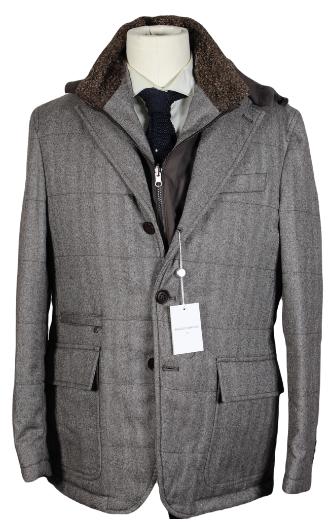 Angelo Nardelli – Brown Herringbone Wool Quilted Jacket