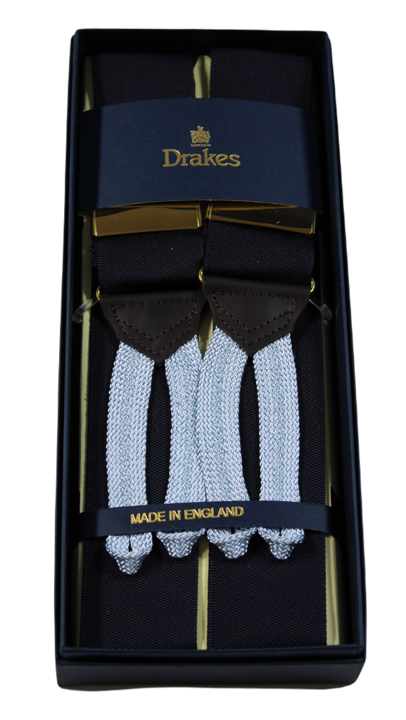 Drake's – Wide Navy Suspenders, Light Blue Button-End