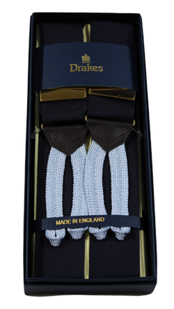Drake's – Wide Navy Suspenders, Light Blue Button-End
