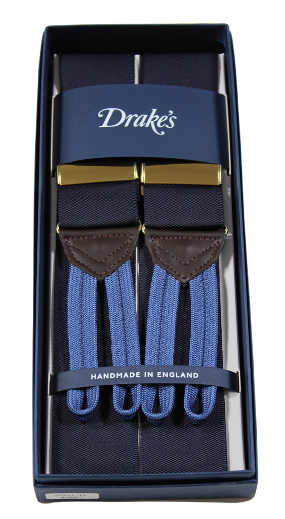 Drake's – Navy Wide Suspenders, Blue Button-End