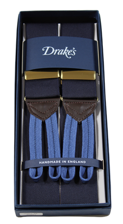 Drake's – Navy Wide Suspenders, Blue Button-End