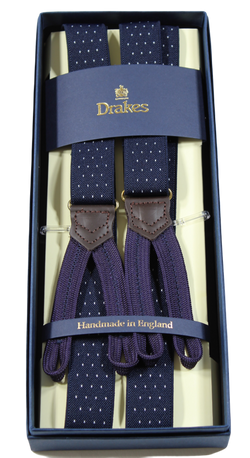 Drake's – Navy Narrow Polka Dot Suspenders, Purple Button-End