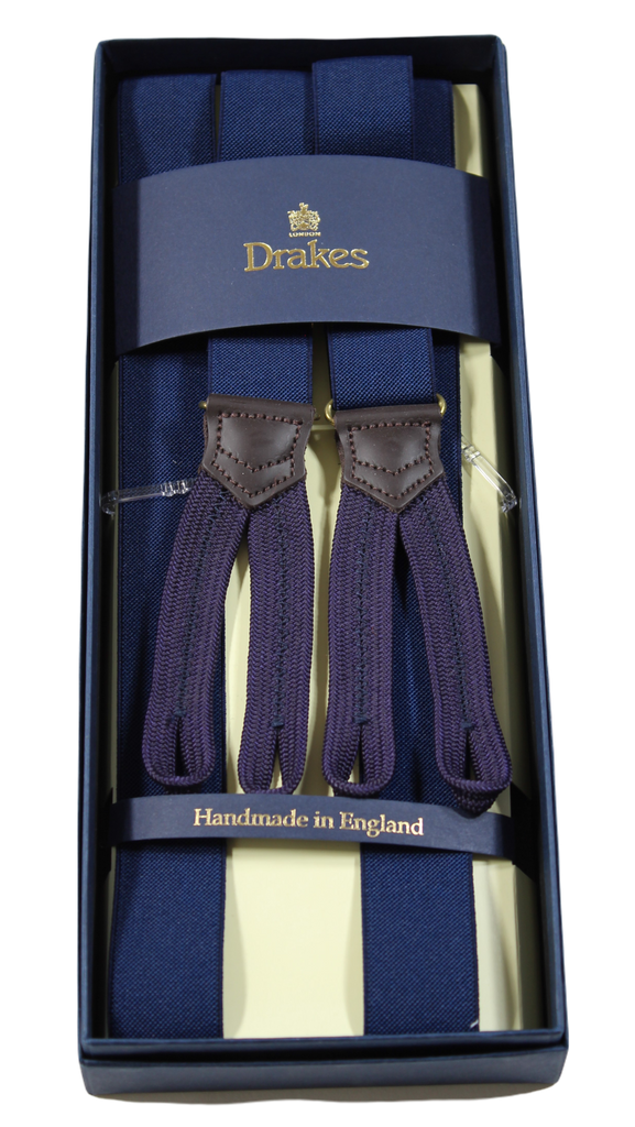 Drake's – Navy Narrow Suspenders, Purple Button-End